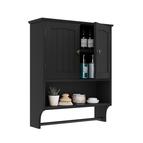 Smuxee Schwarz Badezimmerkabinett Wandmontage mit Handtuchstange, Medizinschrank mit 2 Türen & 5 verstellbaren Regalhöhen, Über-Toiletten-Schrank für Badezimmer, Waschküche & Küche von Smuxee