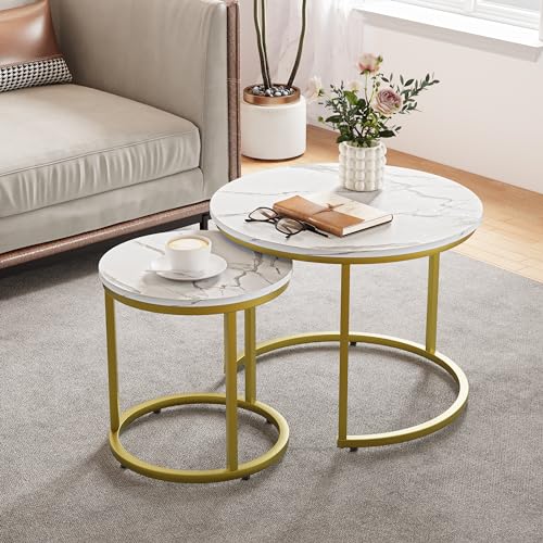 Smuxee Weißer Nesting Couchtisch Set aus 2 Teilen, 60 cm Runder Stapeltisch mit Marmor-Optik und Höhenverstellbare Anti-Rutschfüße, Industrieller Beistelltisch für Wohnzimmer Schlafzimmer von Smuxee