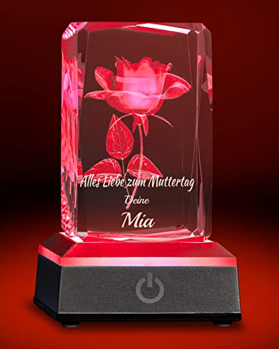 Smyla 3D LED-Glas mit Gravur (2 Zeilen Text) I Muttertagsgeschenk I personalisierte Kristall-Lampe mit Rose I LED-Glas für Mama & Oma zum Muttertag von Smyla