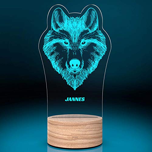 Personalisierte LED-Leuchte Wolf | LED-Leuchte mit Wunsch-Namen Personalisiert | Nachtlicht LED-Lampe mit Gravur | 7 Farben - 3 Modi | Deko Wohn-zimmer Schlaf Kinder von Smyla