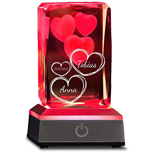 Personalisierte 3D 3 Herzen im Glas mit Gravur - 3 Herzen - Mit Wunschtext und LED Leuchtsockel in Silber - LED-Glas für Muttertag, Geburtstag, Dankeschön von Smyla