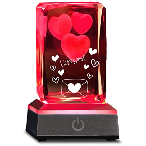 Personalisierte 3D 3 Herzen im Glas mit Gravur - Liebespost - Mit Wunschtext und LED Leuchtsockel in Silber - LED-Glas für Muttertag, Geburtstag, Dankeschön von Smyla