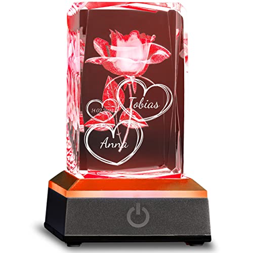 Personalisierte 3D Rose im Glas mit Gravur - 3 Herzen - Mit Wunschtext inklusive LED Leuchtsockel in Edlem Mattgrau Look - Geschenkidee Valentinstag Jahrestag für Männer und Frauen von Smyla