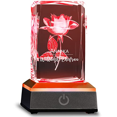 Personalisierte 3D Rose im Glas mit Gravur - Weltbeste Ehefrau - Mit Wunschtext inklusive LED Leuchtsockel in Edlem Mattgrau Look - Geschenkidee Valentinstag Jahrestag für Männer und Frauen von Smyla