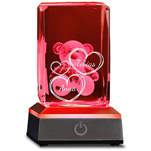 Personalisierter 3D Teddy im Glas mit Gravur - 3 Herzen - Mit Wunschtext und LED Leuchtsockel in Silber Look - LED-Glas für Muttertag, Geburtstag, Dankeschön von Smyla
