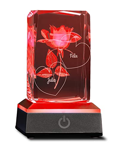 Smyla 3D LED-Glas mit Gravur (2 Namen) I Geschenk für Mama I personalisierte Kristall-Lampe mit Rose I LED-Glas für Muttertag, Geburtstag, Dankeschön von Smyla