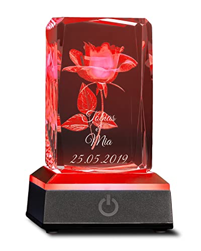 Smyla 3D Rose im Glas mit Gravur (Namen & Datum) I Valentinstag I personalisierte Kristall-Lampe mit Rose I LED-Glas für Muttertag, Geburtstag, Dankeschön von Smyla
