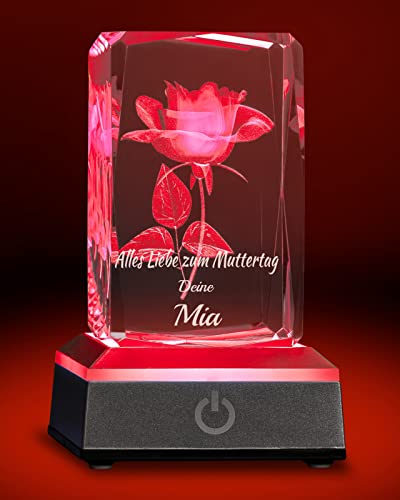 Smyla 3D LED-Glas mit Gravur (2 Zeilen Text) I Muttertagsgeschenk I personalisierte Kristall-Lampe mit Rose I LED-Glas für Mama & Oma zum Muttertag von Smyla