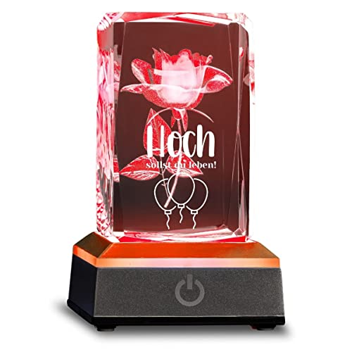 Smyla 3D LED-Glas mit Gravur HOCHLEBEN I Geburtstags-Geschenk I personalisierte Kristall-Lampe mit Herzen, Rose, Teddybär I LED-Glas für Freunde & Familie zur Geburtstagsfeier von Smyla