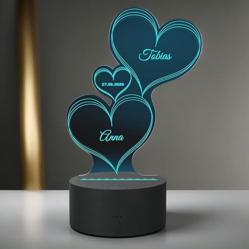 Smyla LED Herz-Leuchte mit Gravur Personalisiert | LED-Herz mit Wunsch-Namen und Datum und Farb-Lichtern als Geschenk-Idee | LED-Lampe Graviert | Deko Wohnzimmer | 7 Farben | Geschenk von Smyla