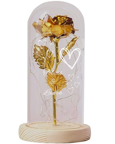 Smyla Personalisierte LED Ewige Gold Rose Ich Liebe Dich Geschenk - 3 Herzen - Künstliche Blumen im Glasdom mit Gravur für Paare, Valentinstag, Jahrestag von Smyla