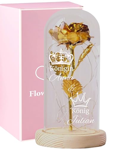 Smyla Personalisierte LED Ewige Gold Rose Ich Liebe Dich Geschenk - King and Queen - Künstliche Blumen im Glasdom mit Gravur für Paare, Valentinstag, Jahrestag von Smyla