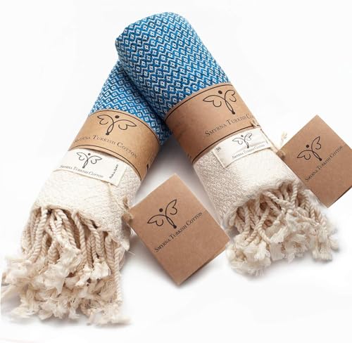 SMYRNA TURKISH COTTON Vintage Serie Handtuch - 2er Set | 40x100cm | 100% türkische Baumwolle | Haartücher, weiche Waschlappen für Bad & Küche | läuft Nicht EIN | Premium Luxus - Blau von Smyrna Turkish Cotton