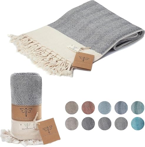 Smyrna türkische 100% Baumwolle Herringbone Kuscheldecke | Beste Qualität | Große 127x152cm kuschelige Decke |Hergestellt in der Türkei | Maschinenwaschbar |Premium Luxus Badetuch &Picknickdecke -Grau von Smyrna Turkish Cotton