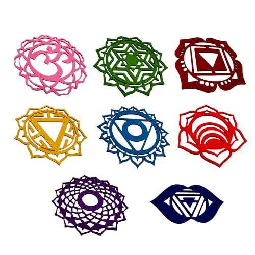 Snadi - Chakra-Heilungsset + OM-Symbol (8 Stück) Snadi | Dekoration, Energietherapie, DIY, Untersetzer, leuchtende Farben, spirituelle Symbolik | Hartfilz von 3 mm, Durchmesser 10 cm von Snadi
