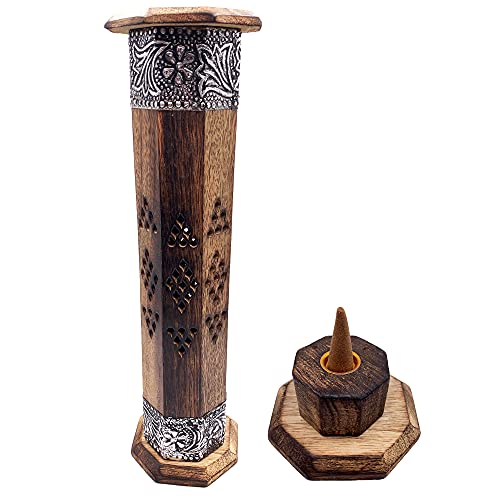 Incense Burner Wooden Tower Carved in India with Brass Decorations Exclusive and Unique Design 30 x 8 x 8 cm Weight 280 g Wooden Incense Holder von Snadi