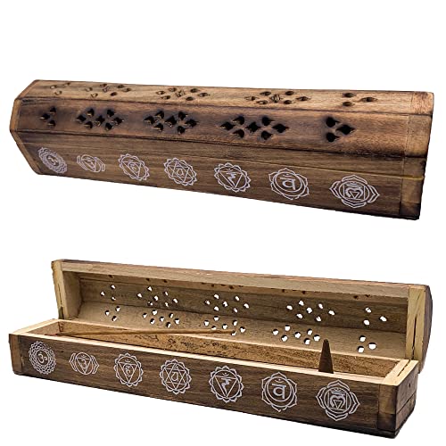 Räuchergefäß (Räuchergefäß) Holzbox Handdekoriert in Indien - Exklusives Chakra-Design, 30,5 x 6,2 x 5,5 cm, Gewicht 240 g, Räucherwerk aus Holz. von Snadi
