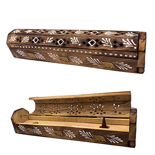Räuchergefäß (Räucherstäbchen) Holzbox Handdekoriert in Indien weißen und Elefanten 30,5 x 6,2 x 5,5 - Gewicht 240 g Räucherstäbchen aus Holz von Snadi