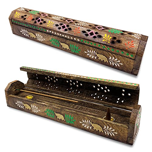 Weihrauchbrenner (Räucher) Handdekorierte Holzkiste in Indien - Original Design mit Farben und Elefanten 30,5 x 6,2 x 5,5 - Gewicht 240 g. Räucherstäbchenhalter aus Holz von Snadi