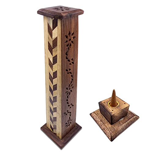 Räuchergefäß (Räucherstäbchen) aus Holz, handgeschnitzt in Indien, Rautendesign, 30 x 8 x 8 cm, Gewicht 190 g, Räucherstäbchenhalter aus Holz von Snadi