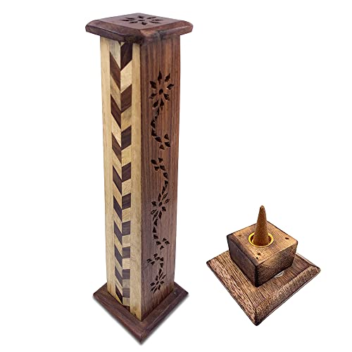 Räuchergefäß (Räuchergefäß) Turm aus Holz, handgeschnitzt in Indien, Rauten-Design, 30 x 8 x 8 cm, Gewicht 190 g, Räucherstäbchenhalter aus Holz von Snadi