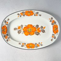 Vintage Sanko Ware Japan Emaillewaren Blumen Ovale Servierplatte von SnailSnailVintage