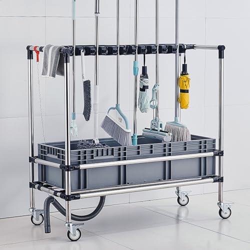 Beweglicher Bodenwischerhalter, Besenwischerhalter, Lagerregal, Reinigungswerkzeuge, 360°-Raddesign, PP-Auffangbecken, mit Schlitzen und Haken, L120cm,L120cm Beweglicher Bodenwischerhalter, Besenwischerhalter, Lagerregal, Reinigungswerkzeuge, 360°-Raddesign, PP-Auffangbecken, mit Schlitzen und Haken, L120cm,L120cm von SnamicE