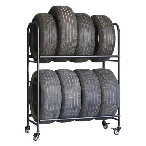 Reifenlagerregal für die Garage, für 4 oder 8 Reifen, höhenverstellbarer Reifenständer aus Metall und Stahl mit Rädern für den Innen- und Außenbereich, schwarz, 11,112x51x143cm(44.1x20.1x56.3in) von SnamicE