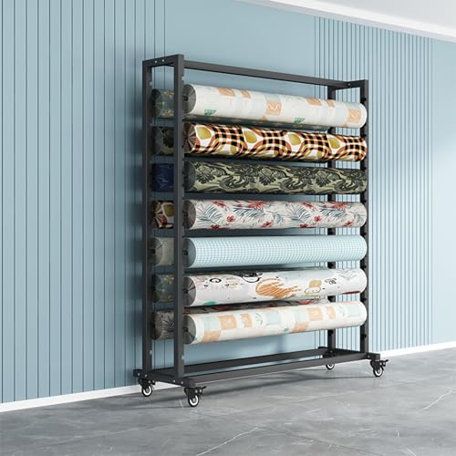 Schwarzes kommerzielles Stoffrollen-Aufbewahrungsregal mit Verstellbarer Aufhängestange, mobiler Hochleistungs-Organizer aus Stahl auf Rädern für Vinylrollen/Leder,4 Rods-160x55x200cm von SnamicE