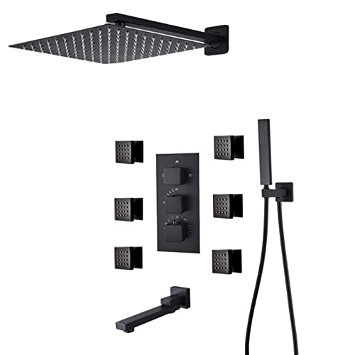 SnamicE Duschsystem, thermostatisches, verdecktes Duscharmatur-Set zur Wandmontage, mattschwarzes, verbrühungssicheres Dusch-Kombi-Set mit 6 Körperbrausen mit Handbrause und Wasserfa,16 Inch SnamicE Duschsystem, thermostatisches, verdecktes Duscharmatur-Set zur Wandmontage, mattschwarzes, verbrühungssicheres Dusch-Kombi-Set mit 6 Körperbrausen mit Handbrause und Wasserfa,16 Inch von SnamicE