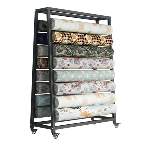 SnamicE Gewerbliches Stoffrollen-Lagerregal, großer beweglicher Textilstoff-Präsentationswagen mit Verstellbarer Aufhängestange, Vinylrollen/Lederrollen/Fensterfolie/Tapet,Black-180cm-8 rods von SnamicE