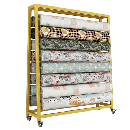 SnamicE Gewerbliches Stoffrollen-Lagerregal, großer beweglicher Textilstoff-Präsentationswagen mit Verstellbarer Aufhängestange, Vinylrollen/Lederrollen/Fensterfolie/Tapet,Gold-170cm-8 rods von SnamicE