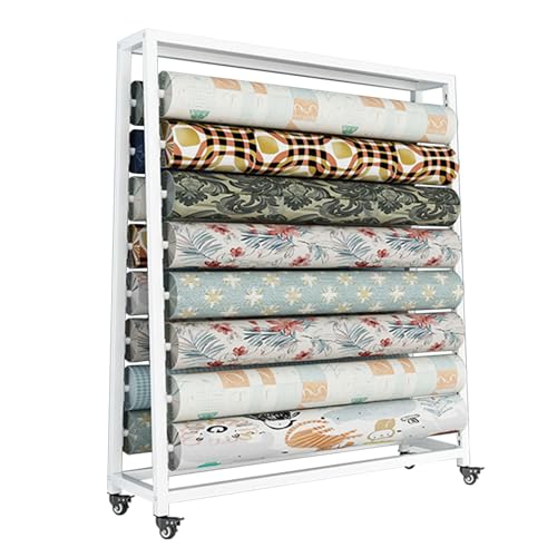 SnamicE Gewerbliches Stoffrollen-Lagerregal, großer beweglicher Textilstoff-Präsentationswagen mit Verstellbarer Aufhängestange, Vinylrollen/Lederrollen/Fensterfolie/Tapet,White-170cm-6 rods von SnamicE