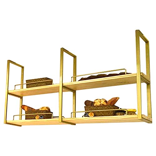 SnamicE Nordisches Deckenregal für Retro-Industrierestaurants, Aufbewahrungsregal für hängende Bardekorationen / 2-stöckiges Regal/Einfach zu montieren, Golden (120 x 30 x 80 cm) von SnamicE