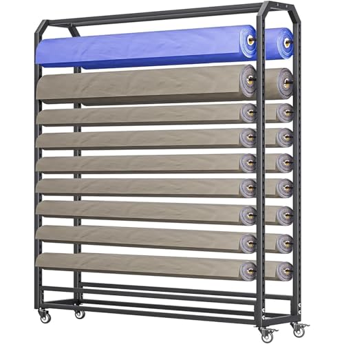 SnamicE Robustes Präsentationsregal für Stoffrollen mit Verstellbarer Aufhängestange und Rädern, kommerzieller Organizer-Halter für Fensterfolien/Auto-Farbwechselfolien/TA,18 Rods-130cm von SnamicE