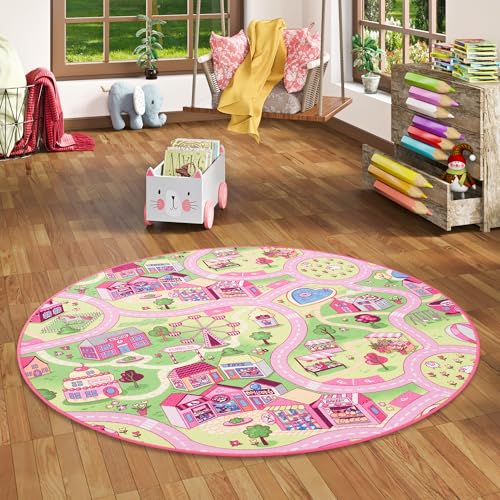 Snapstyle Kinder Spiel Teppich Girls Rosa Village Rund in 7 Größen von Snapstyle