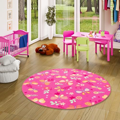 Snapstyle Kinder Spiel Teppich Schmetterling Pink Rund in 7 Größen von Snapstyle