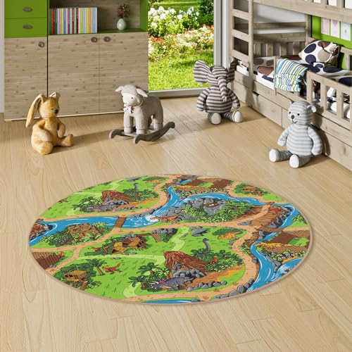 Snapstyle Kinderteppich Strassenteppich Spiel Teppich Dino Welt Grün Rund in 7 Größen von Snapstyle