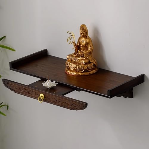 Schrein-Altartisch, Wandmontierter Buddha Altar Aus Holz, Gebetsopfertische Aus Bambus, Mit Einziehbarem Tablett, Antikes Geschnitztes Schreinregal, for Wohnzimmer(Wall-mounted Brown,50cm/19.69in) von Snaweo