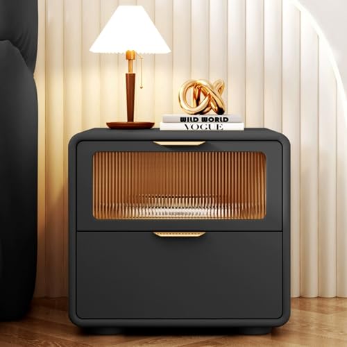 Snaweo Moderner Nachttisch, Massivholz Nachttisch, Kleine Nachttisches, Lederumwickelter Schlafzimmer Beistelltisch, Minimalistisches Design, Mit 2-stöckiger Schublade(Dark Gray,50cm/19.69in) von Snaweo