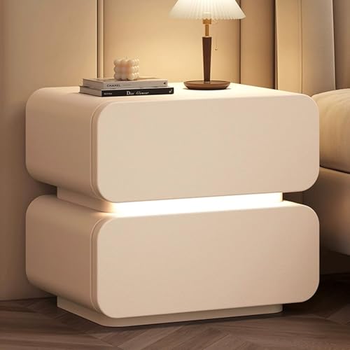 Snaweo Schlichter Nachttisch Mit Runder Kante, Eleganter Intelligenter Nachttisch, Mit Leder Umwickelter Nachttischs Aus Holz for das Schlafzimmer, Mit 2 Schubladen(Cream,45cm/17.72in) von Snaweo