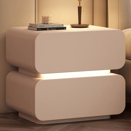 Snaweo Schlichter Nachttisch Mit Runder Kante, Eleganter Intelligenter Nachttisch, Mit Leder Umwickelter Nachttischs Aus Holz for das Schlafzimmer, Mit 2 Schubladen(Khaki,50cm/19.69in) von Snaweo