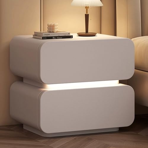 Snaweo Schlichter Nachttisch Mit Runder Kante, Eleganter Intelligenter Nachttisch, Mit Leder Umwickelter Nachttischs Aus Holz for das Schlafzimmer, Mit 2 Schubladen(Light Gray,45cm/17.72in) von Snaweo