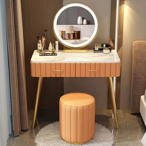 Snaweo Schminktisch Set, Frisierkommode mit um 360° drehbarem, rundem Spiegel in 3 Farben, gepolstertem Hocker und 4 großen Schubladen, Tischplatte aus Schiefer, for das Heimbüro (Size : Orange B80cm von Snaweo
