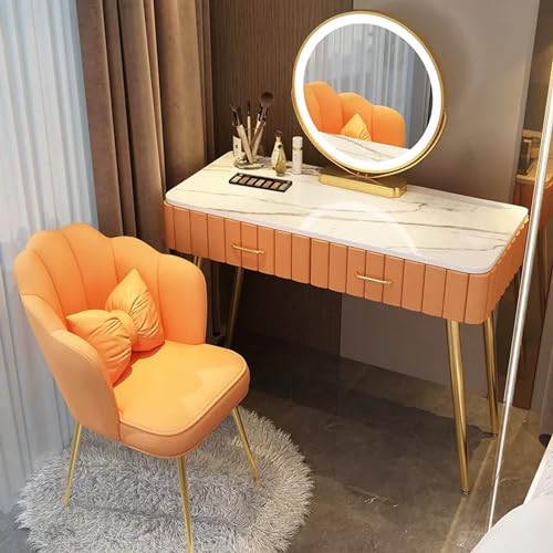 Snaweo Schminktisch Set, Frisierkommode mit um 360° drehbarem, rundem Spiegel in 3 Farben, gepolstertem Hocker und 4 großen Schubladen, Tischplatte aus Schiefer, for das Heimbüro (Size : Orange Color von Snaweo