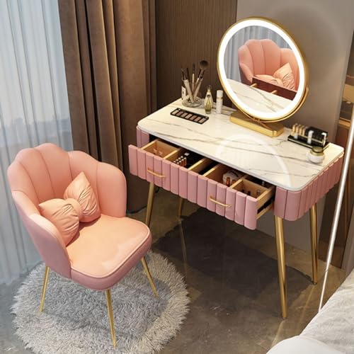 Snaweo Schminktisch Set, Frisierkommode mit um 360° drehbarem, rundem Spiegel in 3 Farben, gepolstertem Hocker und 4 großen Schubladen, Tischplatte aus Schiefer, for das Heimbüro (Size : Pink A100cm/ von Snaweo