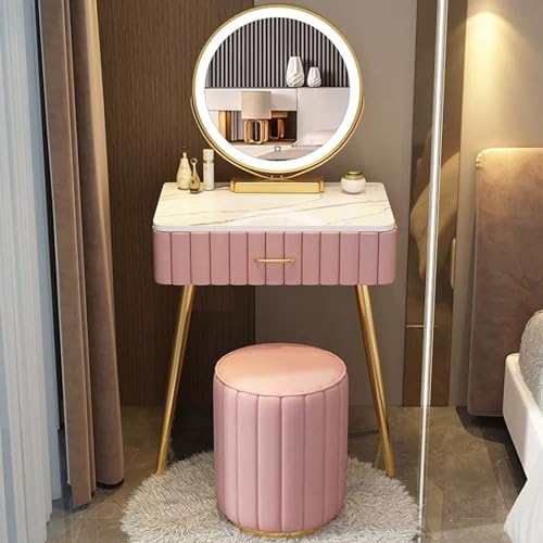 Snaweo Schminktisch Set, Frisierkommode mit um 360° drehbarem, rundem Spiegel in 3 Farben, gepolstertem Hocker und 4 großen Schubladen, Tischplatte aus Schiefer, for das Heimbüro (Size : Pink B60cm/2 von Snaweo