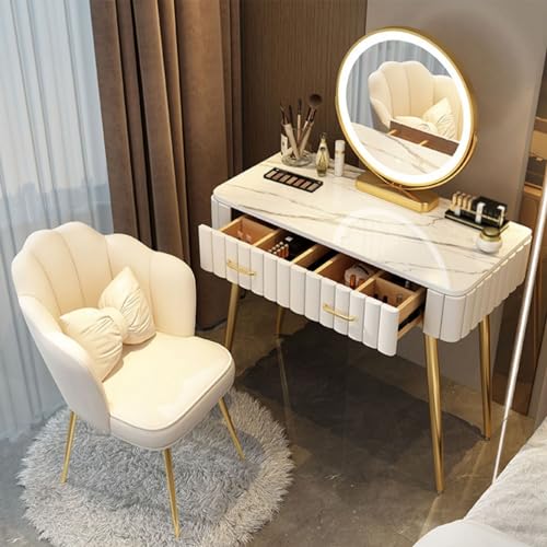 Snaweo Schminktisch Set, Frisierkommode mit um 360° drehbarem, rundem Spiegel in 3 Farben, gepolstertem Hocker und 4 großen Schubladen, Tischplatte aus Schiefer, for das Heimbüro (Size : White A100cm von Snaweo