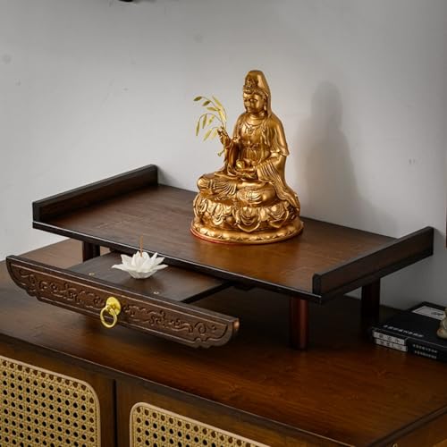 Snaweo Schrein-Altartisch, Wandmontierter Buddha Altar Aus Holz, Gebetsopfertische Aus Bambus, Mit Einziehbarem Tablett, Antikes Geschnitztes Schreinregal, for Wohnzimmer(Tabletop Brown,60cm/23.62in) von Snaweo