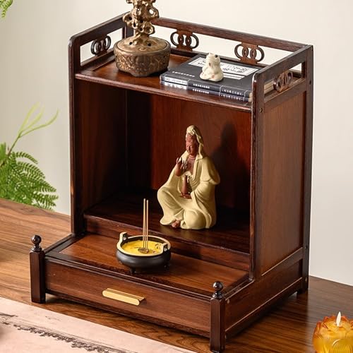 Snaweo Schrein-Altartisch, Wandmontierter Buddha-Altar Aus Holz, Meditationstisch Aus Bambus, Mit Einziehbarem Tablett, Antikes Geschnitztes Schreinregal, for Wohnzimmer(Tabletop Brown A) von Snaweo